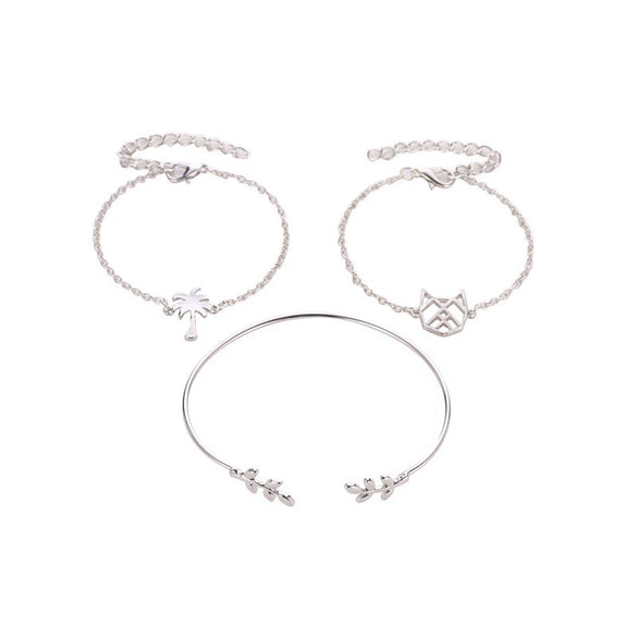 Women's Alloy Electroplated Hollow Cat Coconut Tree And Leaf Charm Bracelet Set Fashion Three Piece Bracelet