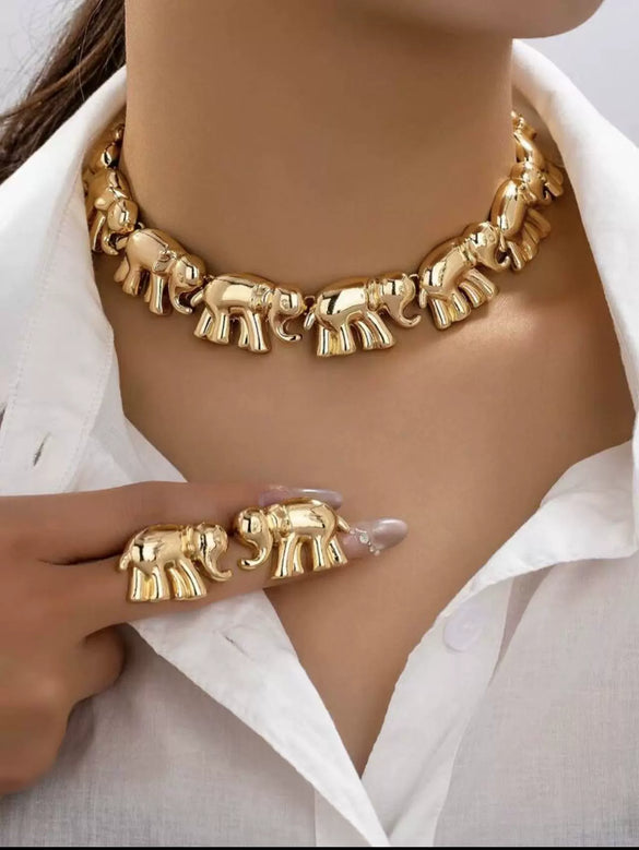 Women's Alloy Elephant Pendant Jewelry Set With Electroplated Irregular Layered Necklace Earrings And Bracelet