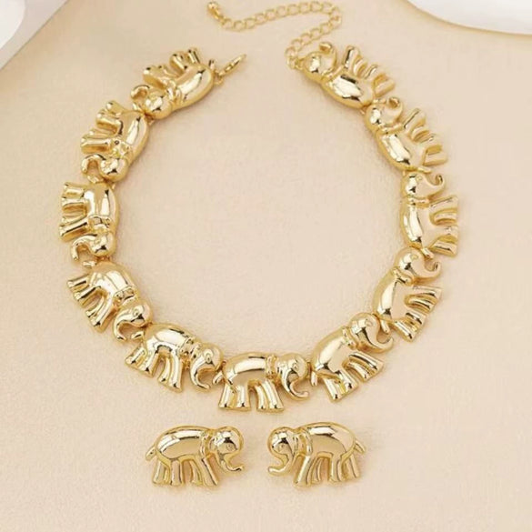 Women's Alloy Elephant Pendant Jewelry Set With Electroplated Irregular Layered Necklace Earrings And Bracelet