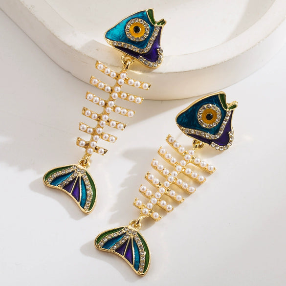 Women's Alloy Exaggerated Fashion Long Fishbone Earrings Inlaid With Colorful Rhinestones And Pearl Geometric Simple Style