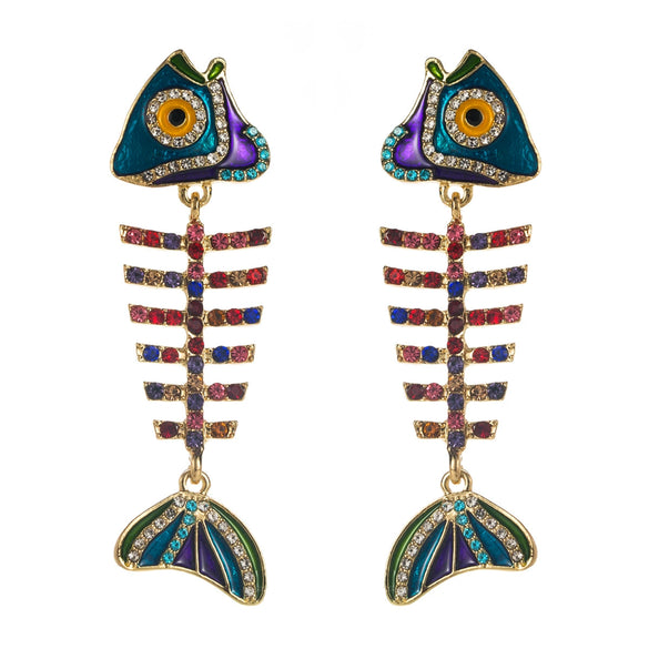 Women's Alloy Exaggerated Fashion Long Fishbone Earrings Inlaid With Colorful Rhinestones And Pearl Geometric Simple Style