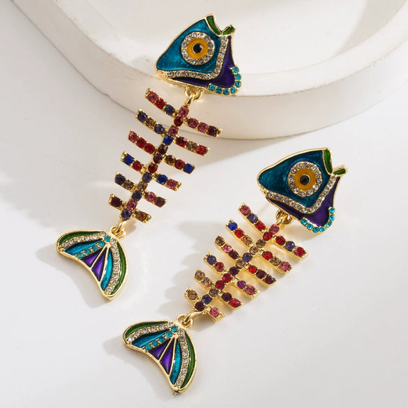 Women's Alloy Exaggerated Fashion Long Fishbone Earrings Inlaid With Colorful Rhinestones And Pearl Geometric Simple Style