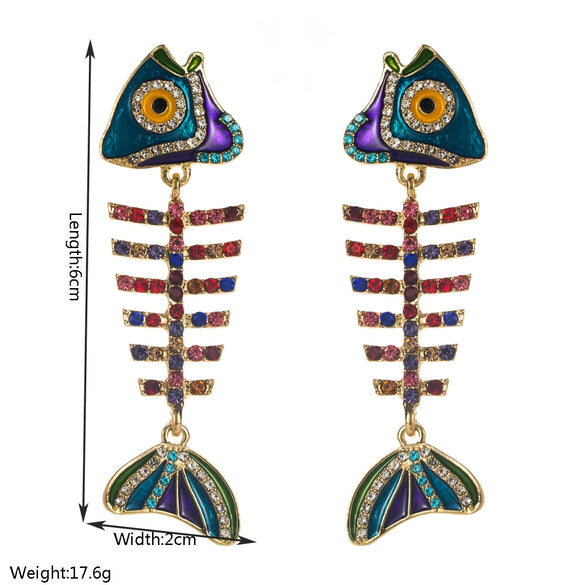 Women's Alloy Exaggerated Fashion Long Fishbone Earrings Inlaid With Colorful Rhinestones And Pearl Geometric Simple Style