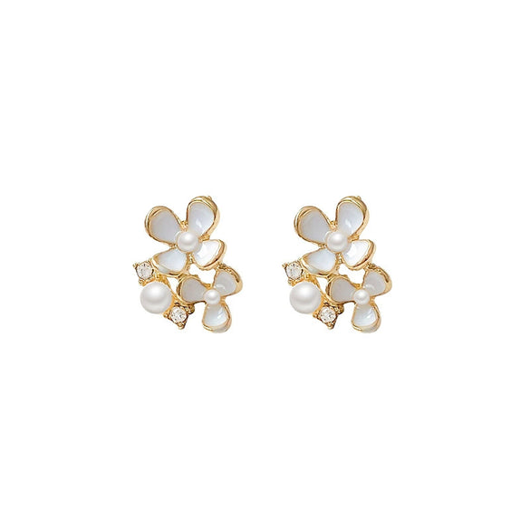 Women's Alloy Flower Electroplated Earrings With Pearl And Diamond Accents