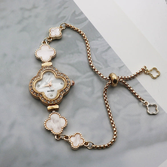 Women's Alloy Fourleaf Clover Shaped Diamondencrusted Casual Watch