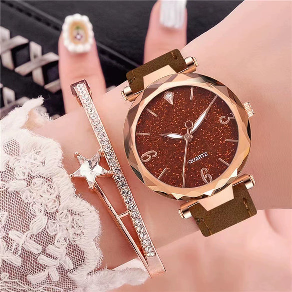 Women's Alloy Frosted Digital Quartz Watch And Fivepointed Star Bracelet Twopiece Set Leisure Style Pin Buckle Titanium Spiral Crown