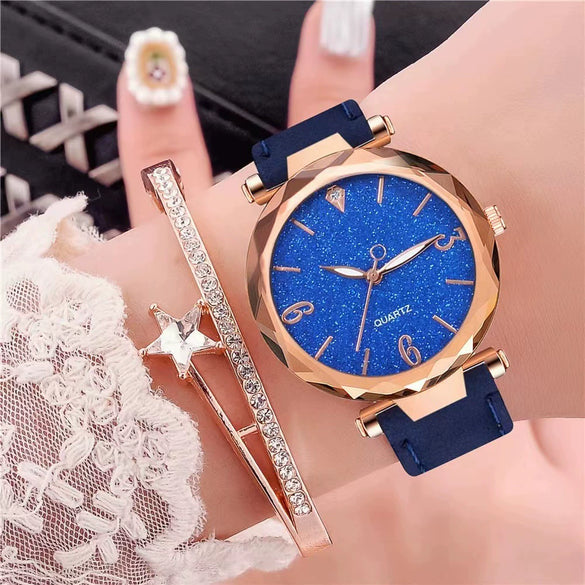 Women's Alloy Frosted Digital Quartz Watch And Fivepointed Star Bracelet Twopiece Set Leisure Style Pin Buckle Titanium Spiral Crown