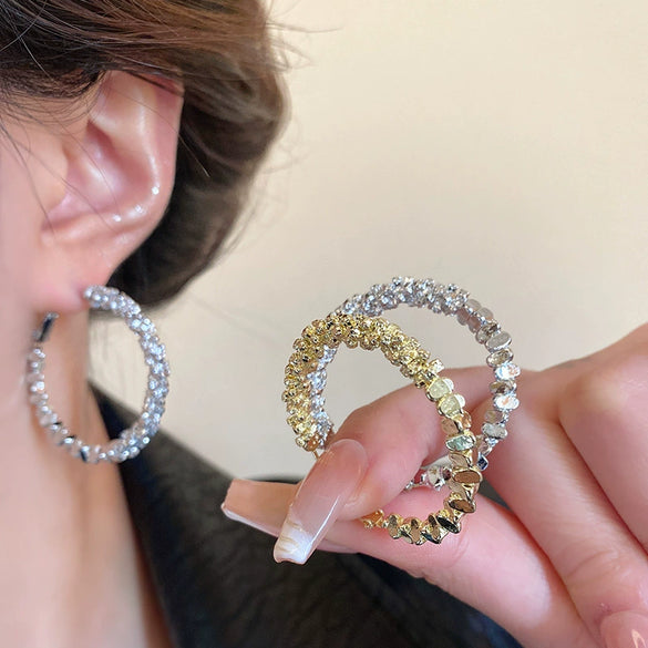 Women's Alloy Geometric Broken Silver Electroplated Big Circle Earrings Light Luxury Temperament Exaggerated Personality