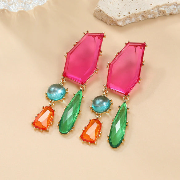 Women's Alloy Geometric Colored Diamond Earrings With Electroplating Design