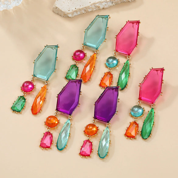 Women's Alloy Geometric Colored Diamond Earrings With Electroplating Design