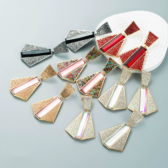 Women's Alloy Geometric Drop Earrings With Sparkling Diamond Embellishment Long Exaggerated Fashion Statement Design