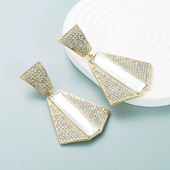 Women's Alloy Geometric Drop Earrings With Sparkling Diamond Embellishment Long Exaggerated Fashion Statement Design