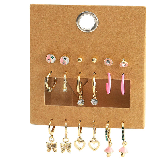 Women's Alloy Geometric Heart Metal Stud Earrings Set With Diamond And Oil Pearl Butterfly Lock Love Design