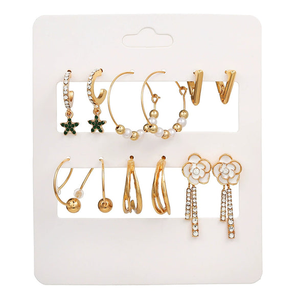 Women's Alloy Geometric Heart Metal Stud Earrings Set With Diamond And Oil Pearl Butterfly Lock Love Design
