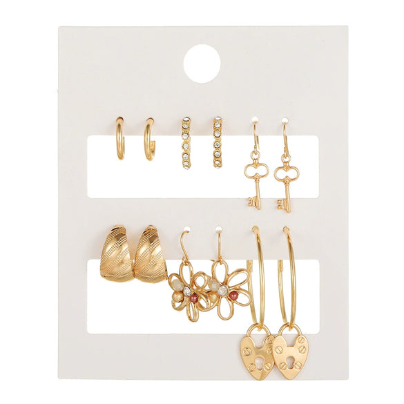 Women's Alloy Geometric Heart Metal Stud Earrings Set With Diamond And Oil Pearl Butterfly Lock Love Design
