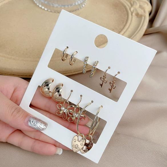 Women's Alloy Geometric Heart Metal Stud Earrings Set With Diamond And Oil Pearl Butterfly Lock Love Design