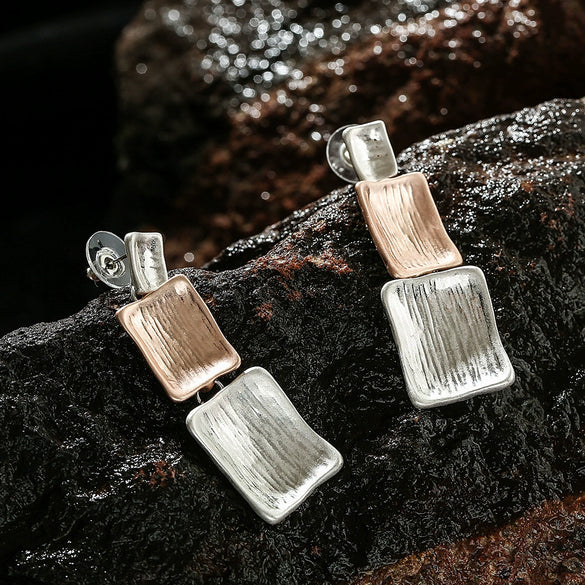 Women's Alloy Geometric Rectangular Stud Earrings With Fashionable Statement Design And Rose Gold Finish