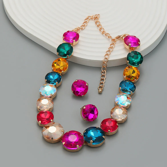 Women's Alloy Geometric Round Glass Diamond Earrings And Necklace Combination Set