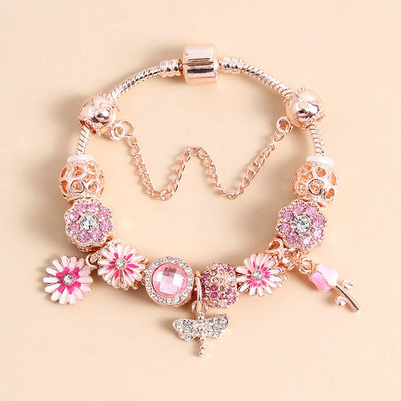 Women's Alloy Heart Flower Beaded Bracelet With Electroplated Finish Trendy Fashion Jewelry