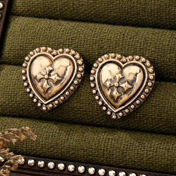 Women's Alloy Heartshaped Geometric Cross Flower Earrings With Distressed Electroplated Finish And Stainless Steel Ear Posts