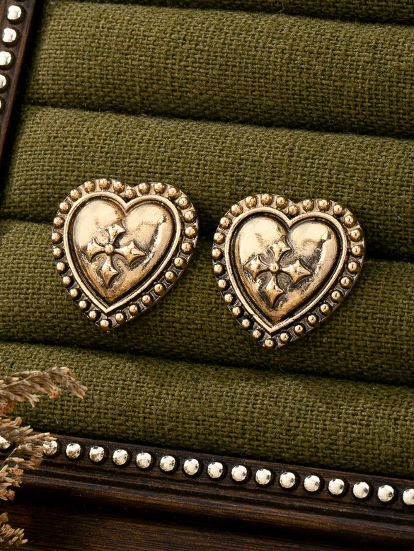 Women's Alloy Heartshaped Geometric Cross Flower Earrings With Distressed Electroplated Finish And Stainless Steel Ear Posts