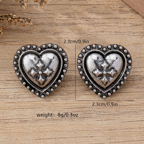 Women's Alloy Heartshaped Geometric Cross Flower Earrings With Distressed Electroplated Finish And Stainless Steel Ear Posts