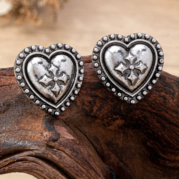 Women's Alloy Heartshaped Geometric Cross Flower Earrings With Distressed Electroplated Finish And Stainless Steel Ear Posts