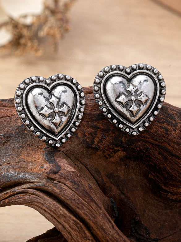 Women's Alloy Heartshaped Geometric Cross Flower Earrings With Distressed Electroplated Finish And Stainless Steel Ear Posts
