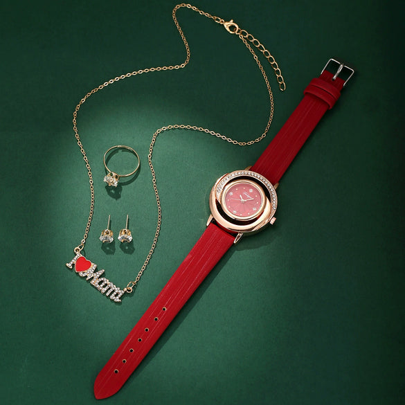 Women's Alloy Imitation Leather Stainless Steel Fashion Diamond Wiredrawing Round Dial Quartz Belt Watch