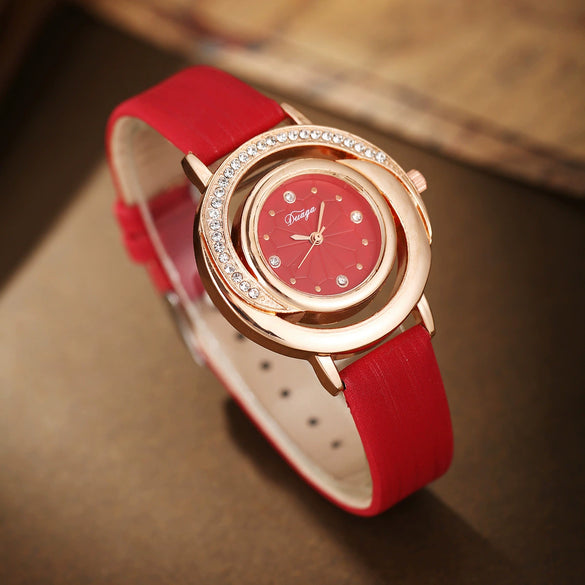 Women's Alloy Imitation Leather Stainless Steel Fashion Diamond Wiredrawing Round Dial Quartz Belt Watch
