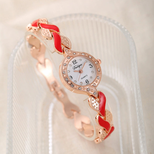 Women's Alloy Leaf Bracelet Quartz Watch Round Dial Stainless Steel Buckle Fashionable Style