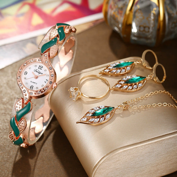 Women's Alloy Leaf Bracelet Quartz Watch Round Dial Stainless Steel Buckle Fashionable Style