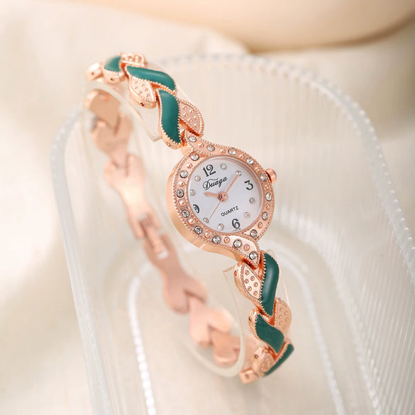 Women's Alloy Leaf Bracelet Quartz Watch Round Dial Stainless Steel Buckle Fashionable Style
