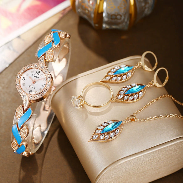Women's Alloy Leaf Bracelet Quartz Watch Round Dial Stainless Steel Buckle Fashionable Style