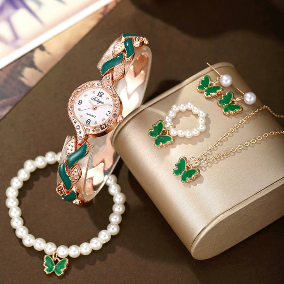 Women's Alloy Leaf Bracelet Quartz Watch Round Dial Stainless Steel Buckle Fashionable Style