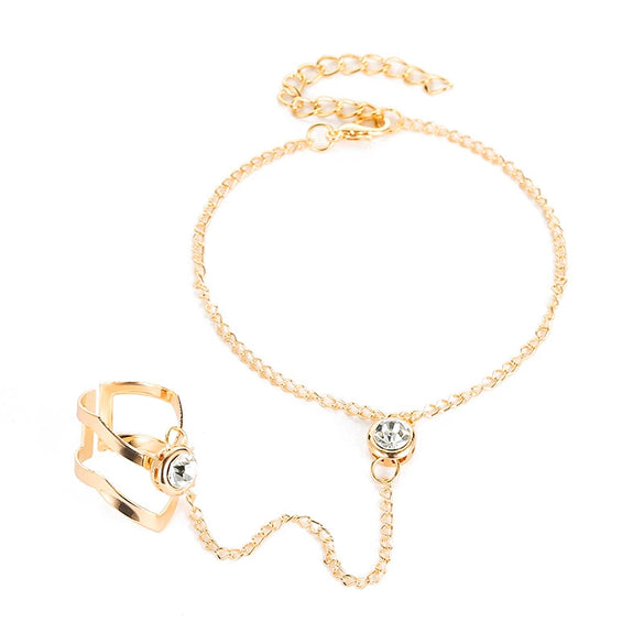 Women's Alloy Leaf Microinlay Ring Bracelet Conjoined Set Jewelry