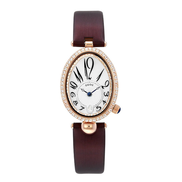 Women's Alloy Leather Gold Clasp Oval Dial Fashion Waterproof Quartz Watch