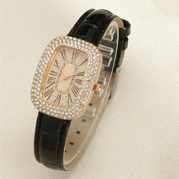 Women's Alloy Light Luxury Quartz Watch Necklace Earrings Ring Set With Pigeon Egg Case And Rectangle Dial