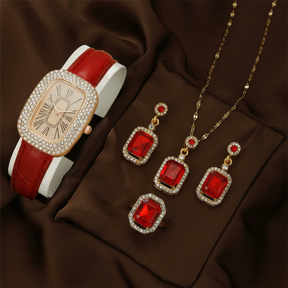 Women's Alloy Light Luxury Quartz Watch Necklace Earrings Ring Set With Pigeon Egg Case And Rectangle Dial
