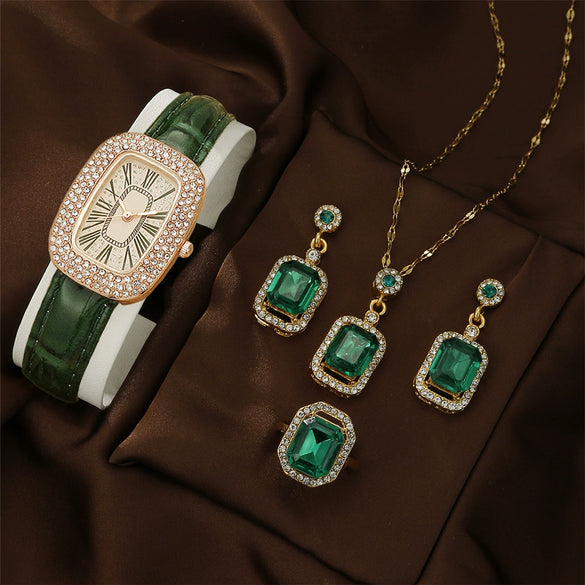 Women's Alloy Light Luxury Quartz Watch Necklace Earrings Ring Set With Pigeon Egg Case And Rectangle Dial