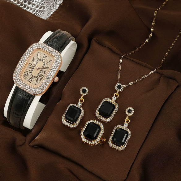 Women's Alloy Light Luxury Quartz Watch Necklace Earrings Ring Set With Pigeon Egg Case And Rectangle Dial