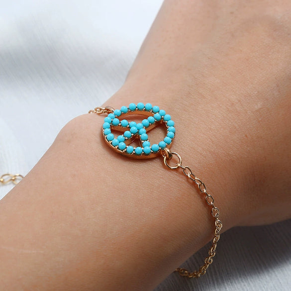 Women's Alloy Love And Peace Symbol Pendant Bracelet With Inlaid Bead Letter Charm Diamond Style