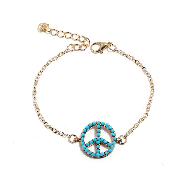Women's Alloy Love And Peace Symbol Pendant Bracelet With Inlaid Bead Letter Charm Diamond Style