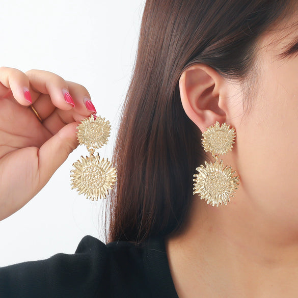 Women's Alloy Multilayer Sun Flower Pendant Earrings Electroplated Old Style
