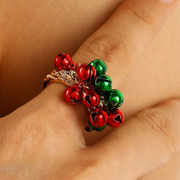 Women's Alloy Open Bell Ring With Red And Green Christmas Cartoon Character Design Plated Festive Holiday Accessory