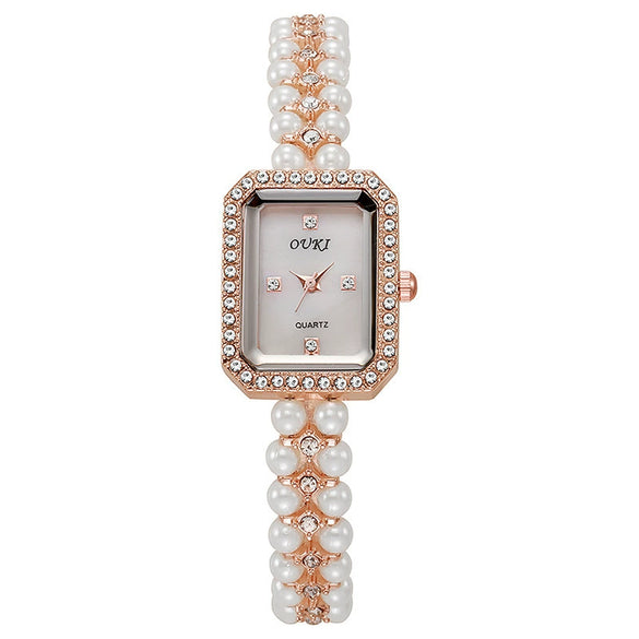 Women's Alloy Pearl Chain Watch With Rectangle Dial And Rose Gold Buckle