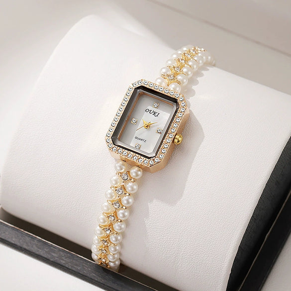Women's Alloy Pearl Chain Watch With Rectangle Dial And Rose Gold Buckle