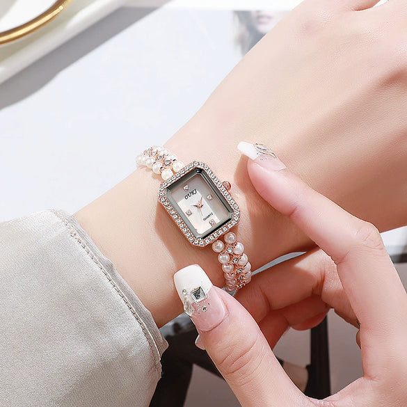 Women's Alloy Pearl Chain Watch With Rectangle Dial And Rose Gold Buckle