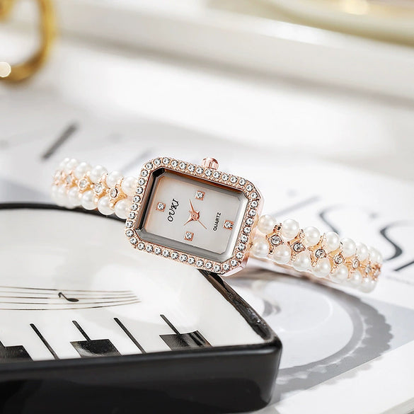 Women's Alloy Pearl Chain Watch With Rectangle Dial And Rose Gold Buckle