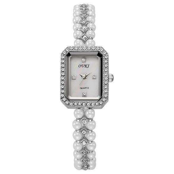 Women's Alloy Pearl Chain Watch With Rectangle Dial And Rose Gold Buckle